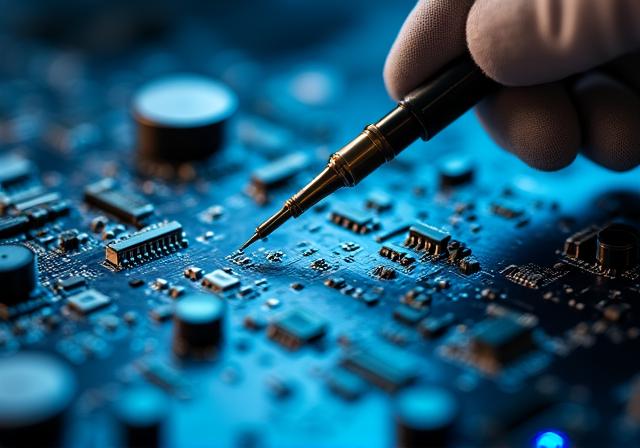 Close up of a custom engineered PCB being inspected in a lab