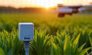 Sensors in a green field with a drone flying overhead